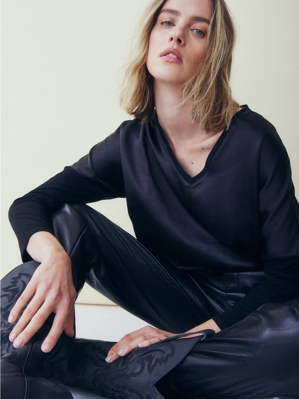 MELISSA NEPTON Black V-Neck Satin Top